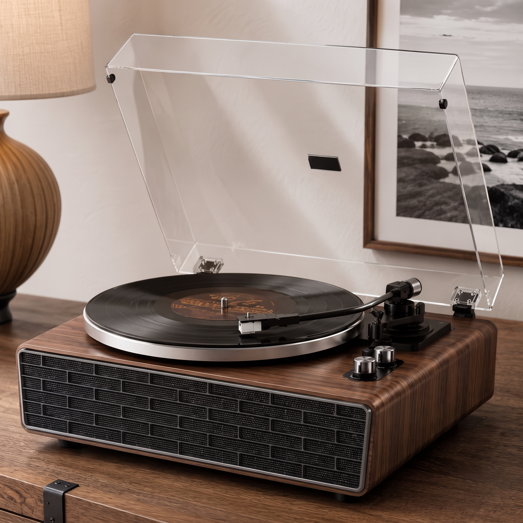 Platine vinyle Paléo en noyer, façade motif brique