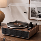 Platine vinyle Paléo en noyer, façade motif brique
