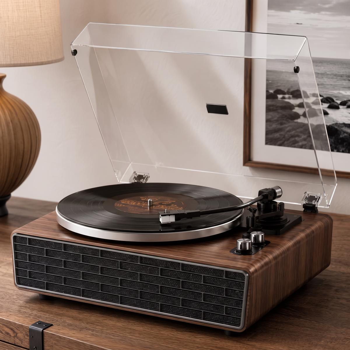 Platine vinyle Paléo en noyer, façade motif brique