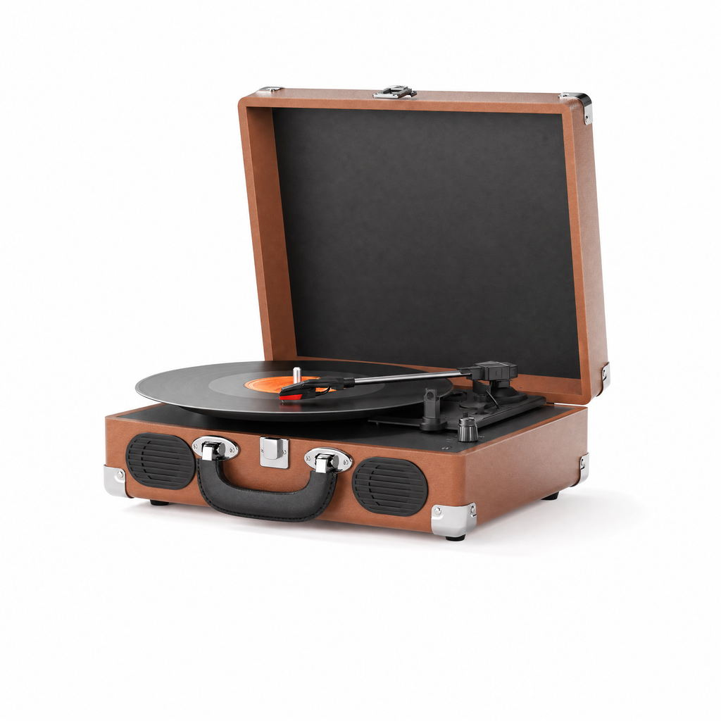 Platine vinyle Escale cognac, mallette ouverte, vue de trois quarts