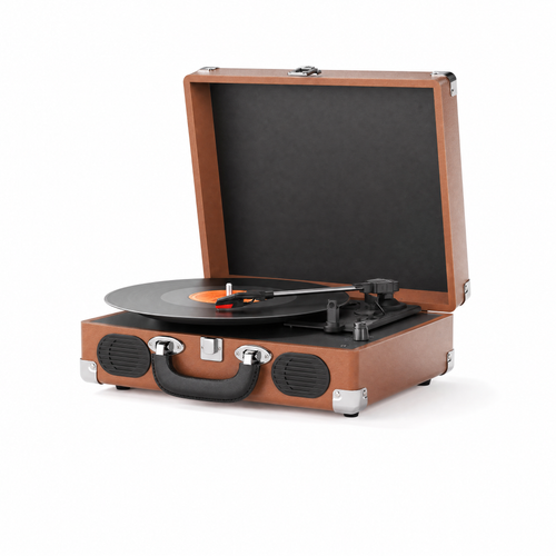 Platine vinyle Escale cognac, mallette ouverte, vue de trois quarts