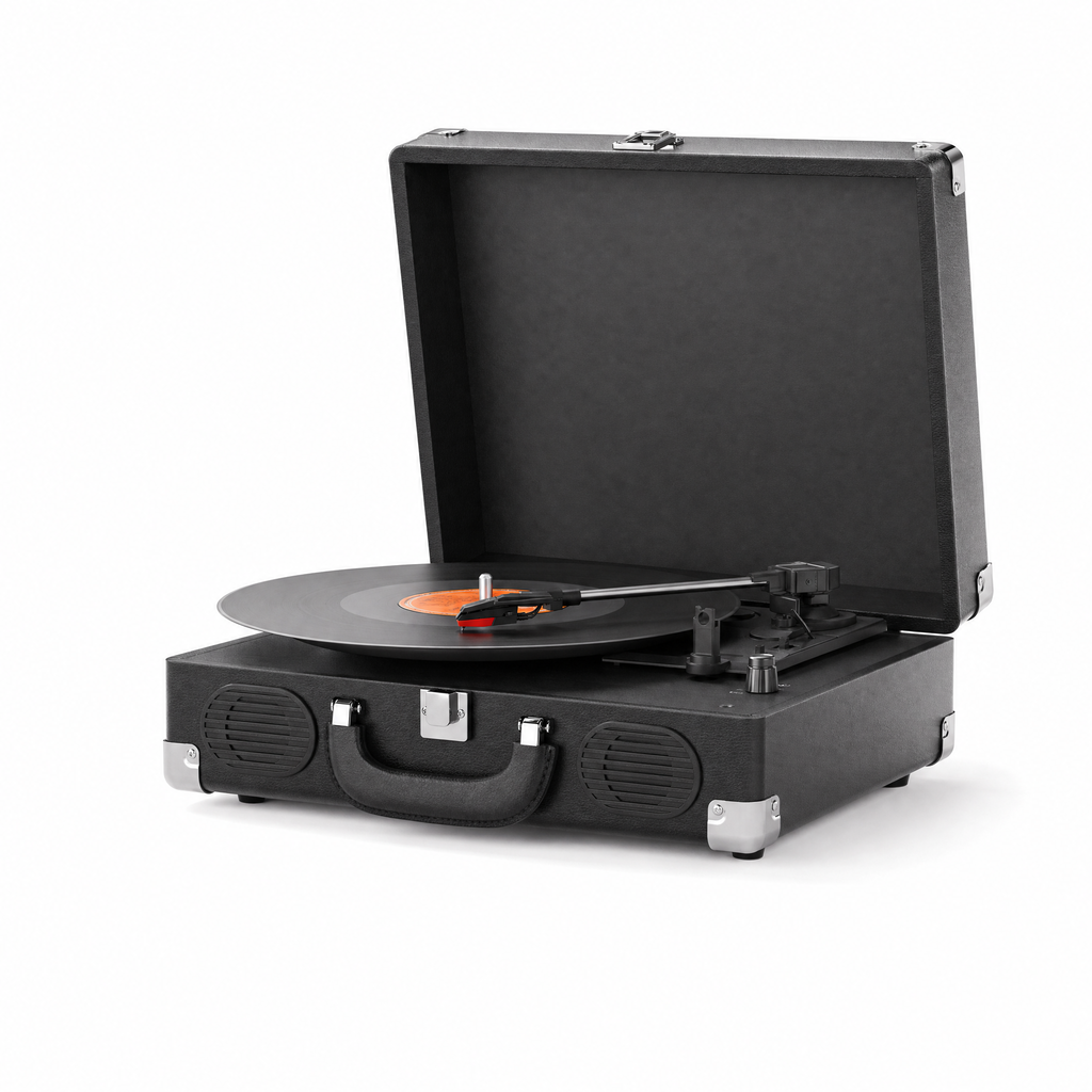 Platine vinyle Escale noire, mallette ouverte, vue de trois quarts