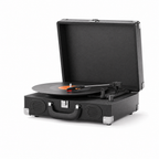 Platine vinyle Escale noire, mallette ouverte, vue de trois quarts