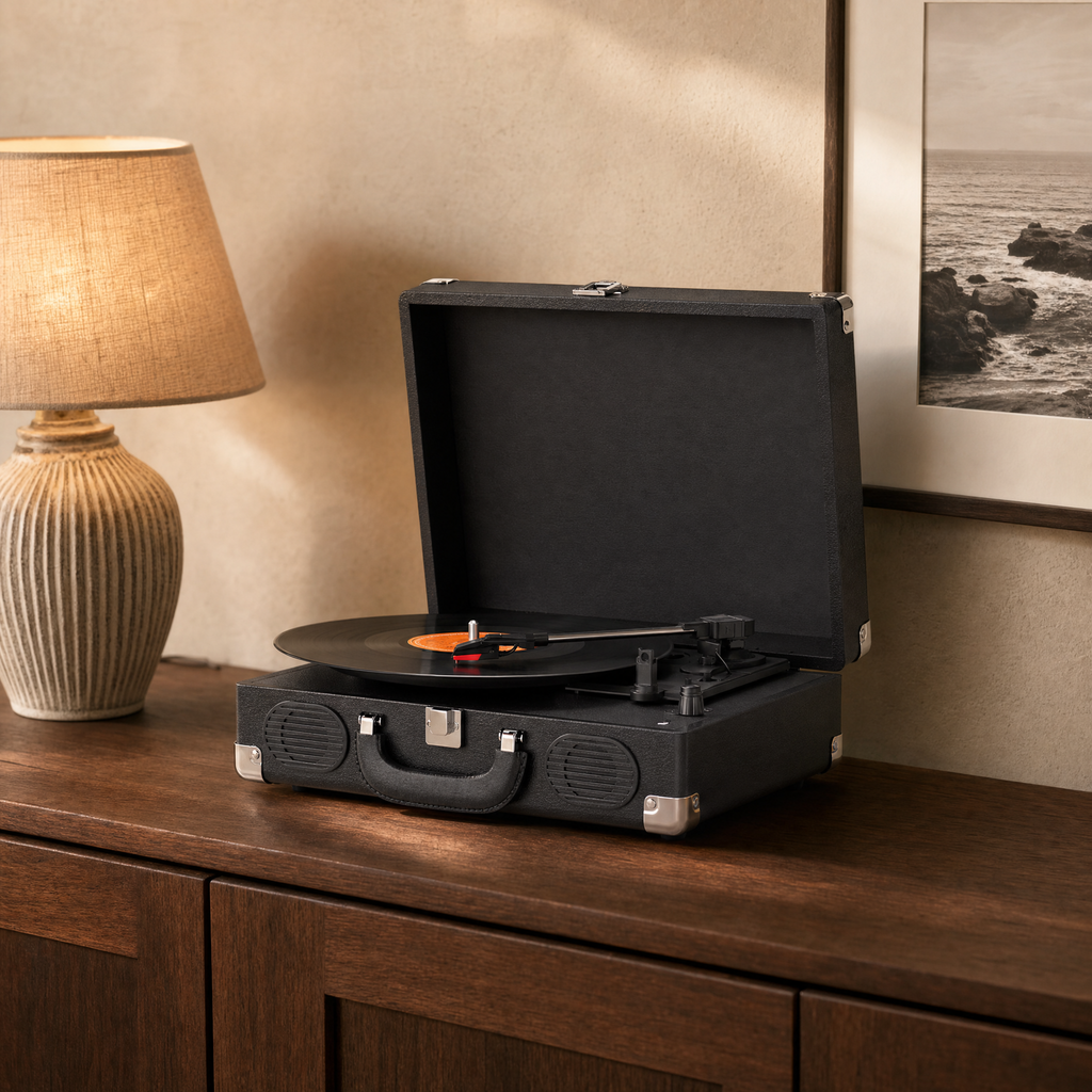 Platine vinyle Escale noire ouverte sur un buffet en noyer, à côté d'une lampe