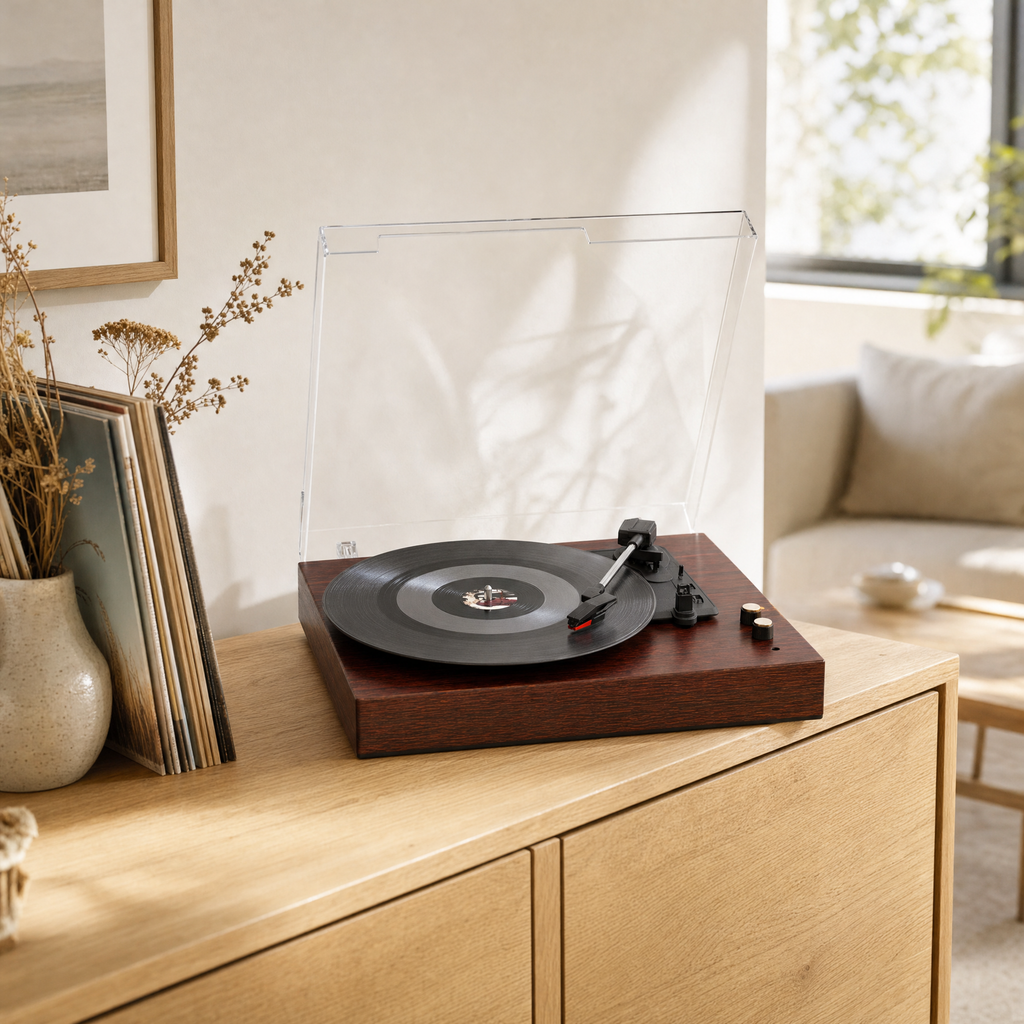 Platine Sillon acajou posée sur un buffet en chêne