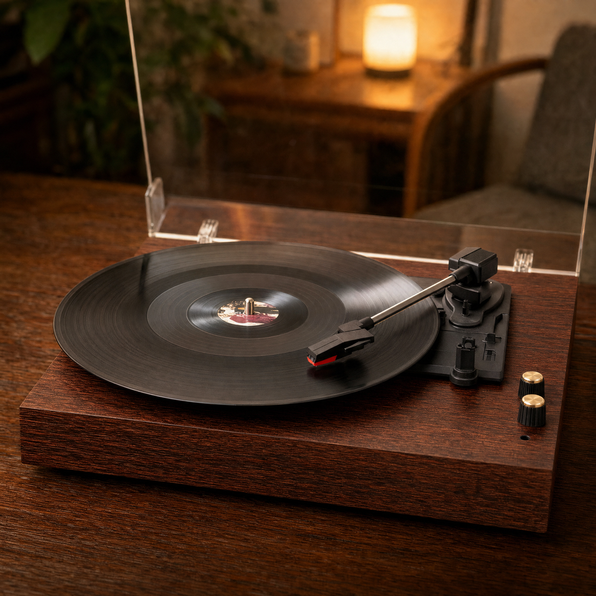 Bras de lecture et socle acajou de la platine Sillon