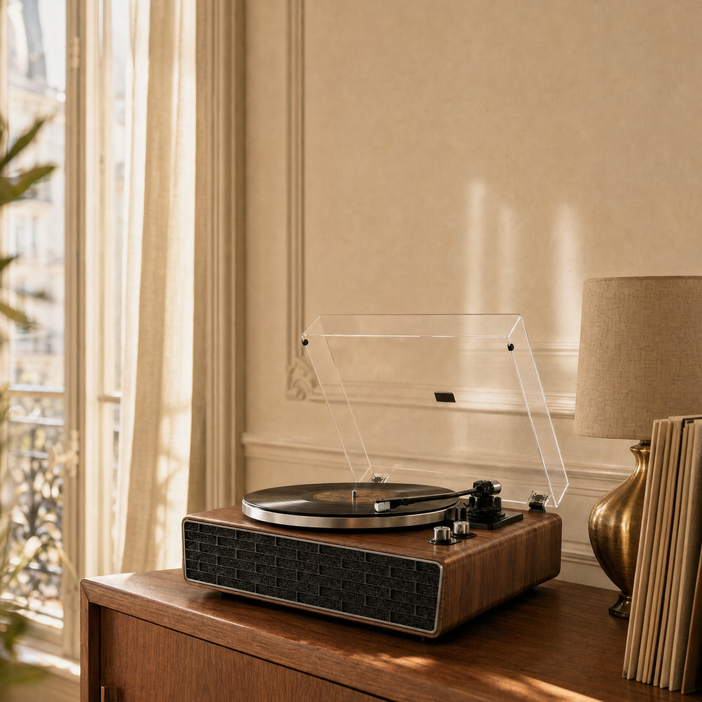 Platine vinyle Paléo en noyer, façade motif brique, sur un buffet dans un salon parisien