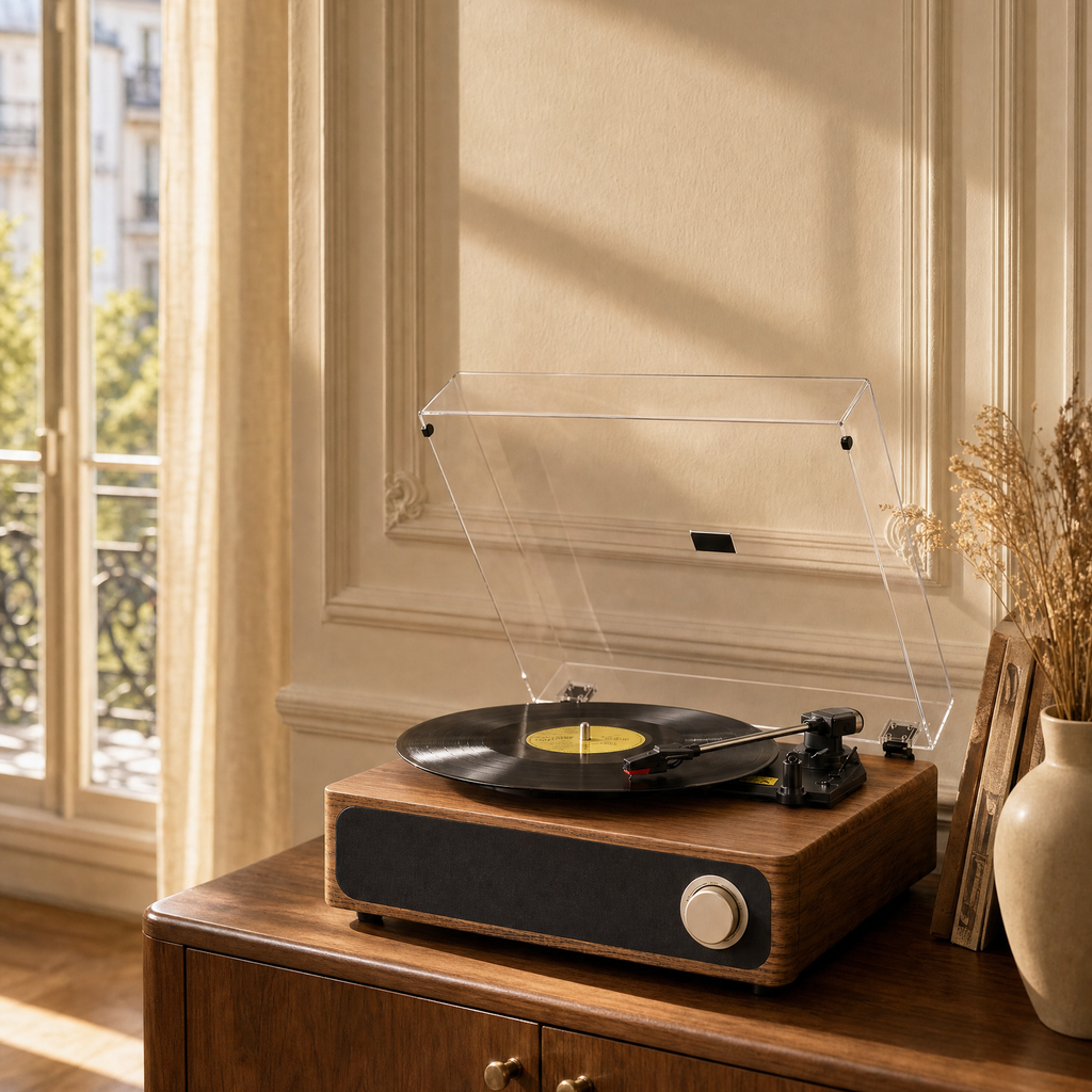 Platine vinyle Saphir chêne clair, bouton crème, sur un buffet dans un salon parisien